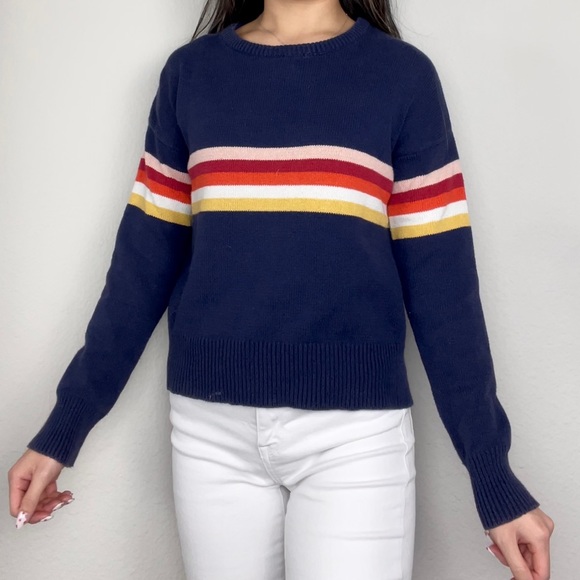 Dark Navy Blue Sunset Chest Striped Knit Crewneck Sweater | Sky & Sparrow - Picture 2 of 8